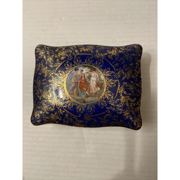 VTG Hand Painted Trinket Box & Tray By M&R . Navy & Gold. Victorian Design - Picture 2 of 7